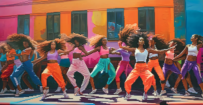 A lively street dance performance with dancers in dynamic poses against a colorful graffiti backdrop during sunset.