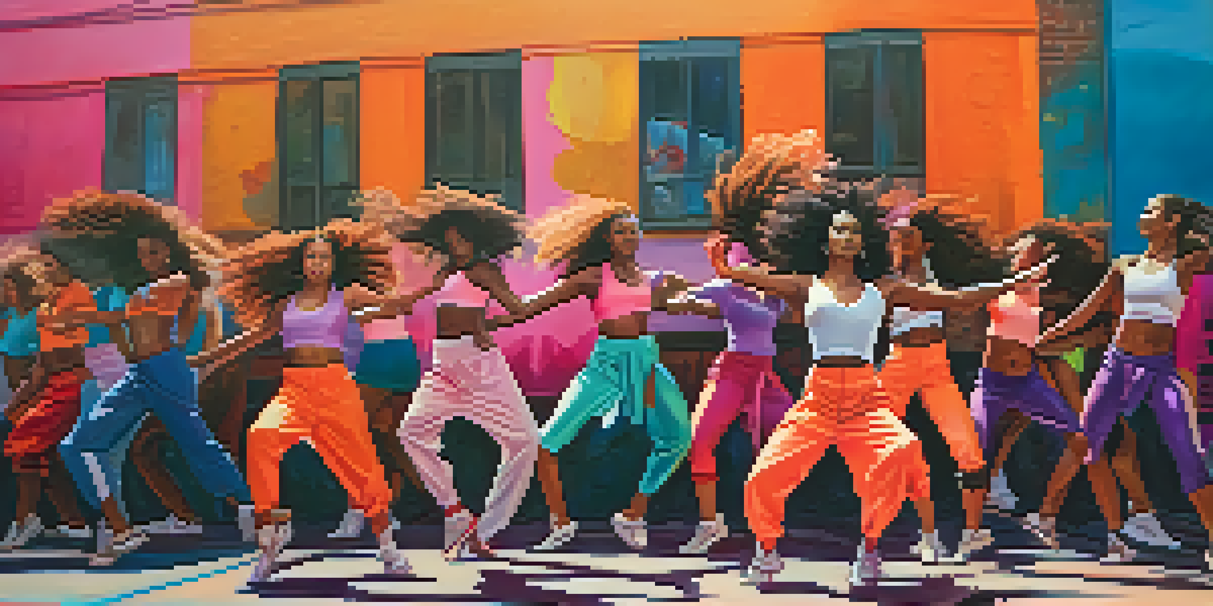 A lively street dance performance with dancers in dynamic poses against a colorful graffiti backdrop during sunset.