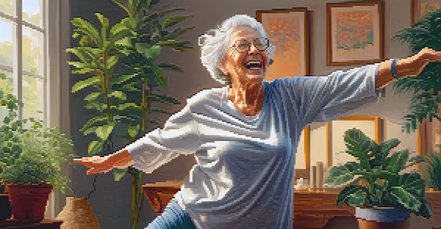 An elderly woman dancing joyfully in a warm and inviting living room, surrounded by greenery and soft light.