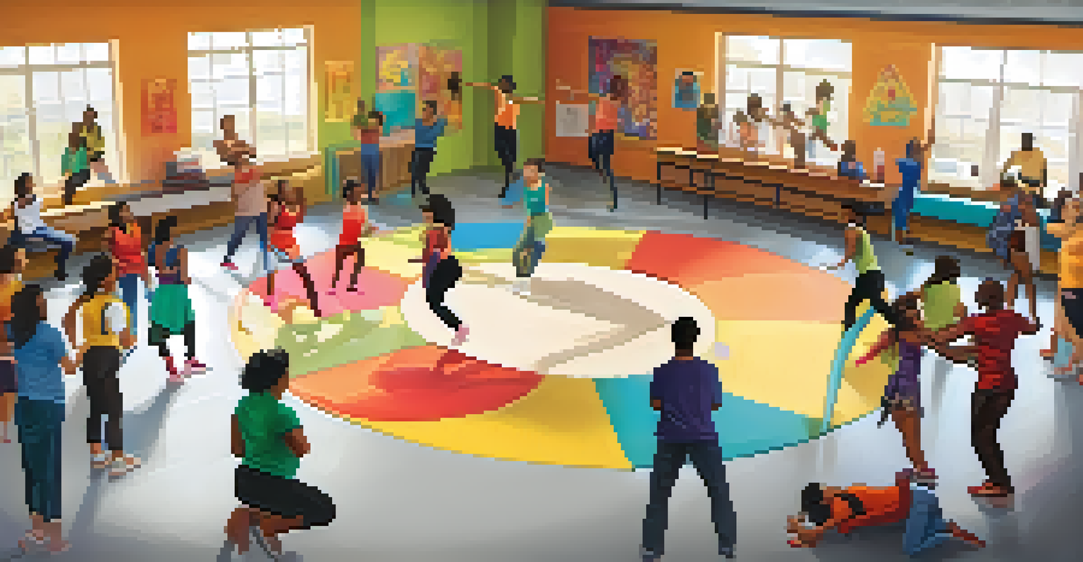 A lively dance workshop with a diverse group of participants following an instructor in a community center, surrounded by colorful mats and motivational posters.