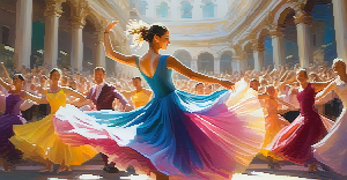 A joyful dancer in a colorful dress twirling on a sunlit stage, with a cheering audience blurred in the background.