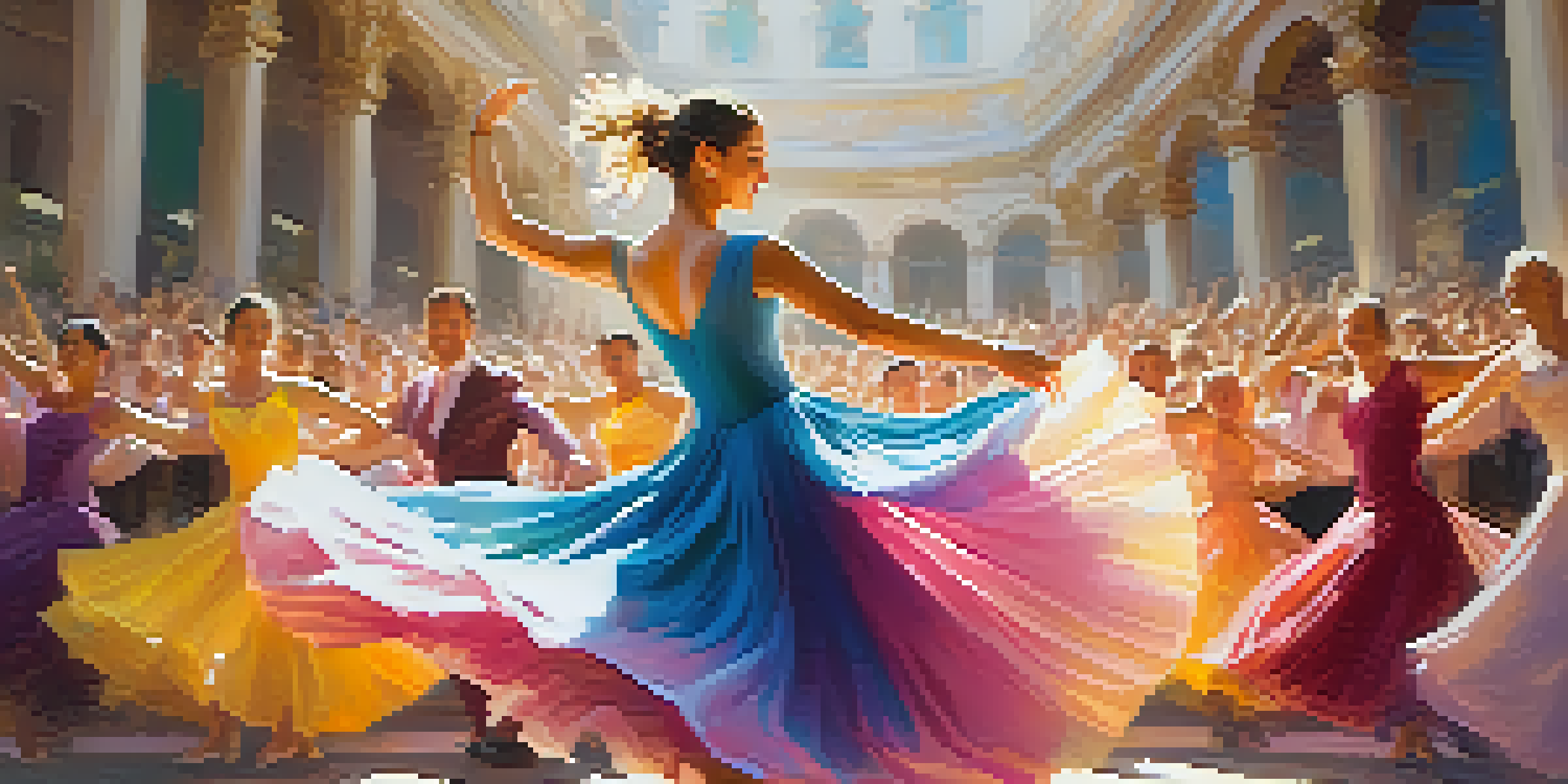 A joyful dancer in a colorful dress twirling on a sunlit stage, with a cheering audience blurred in the background.