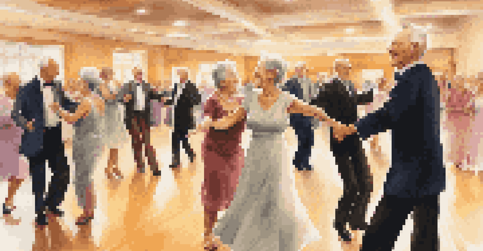 An elderly couple dancing joyfully in a community center surrounded by other dancers.