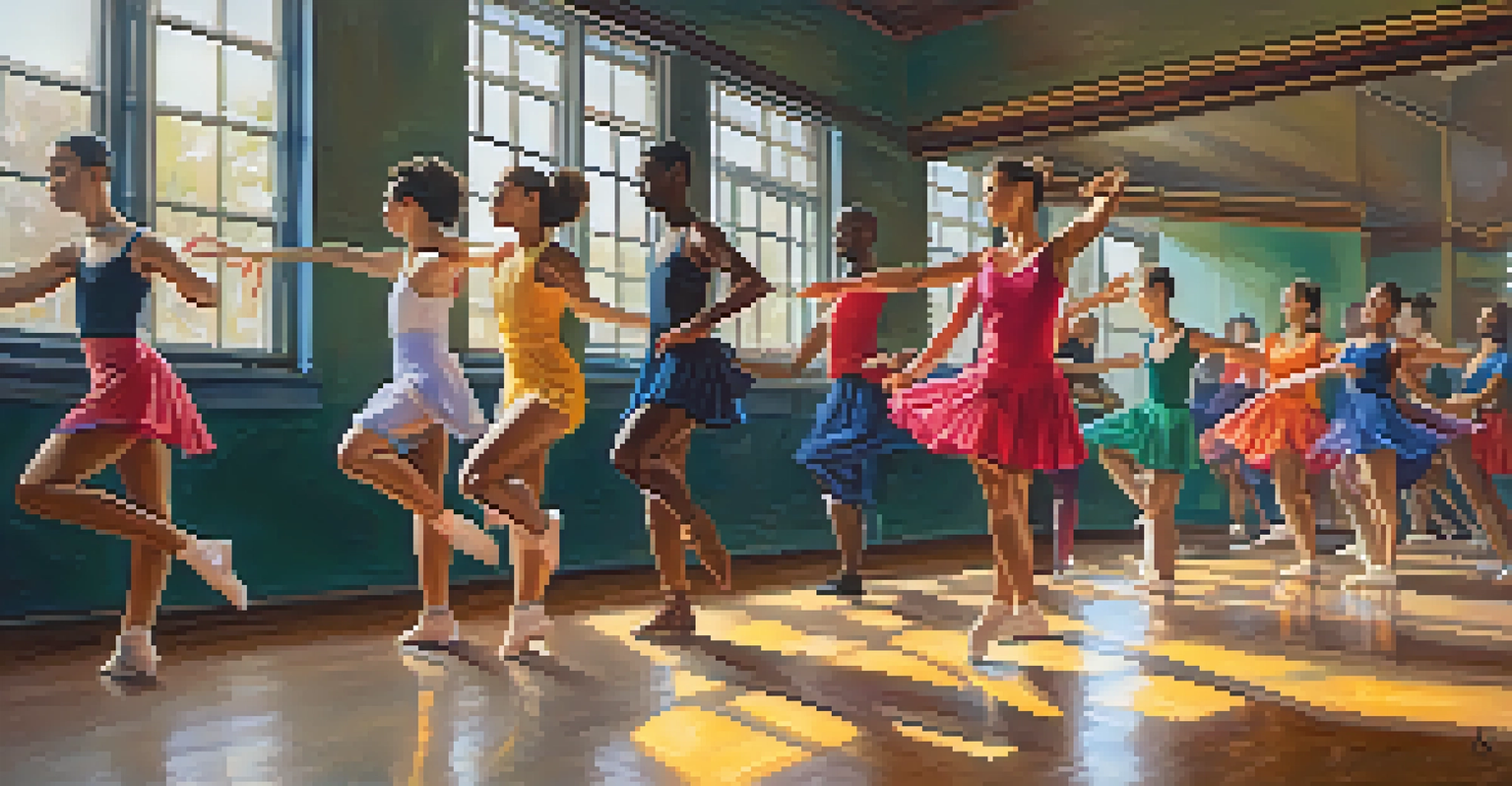 A diverse group of dancers practicing foundational movements in a lively dance studio.