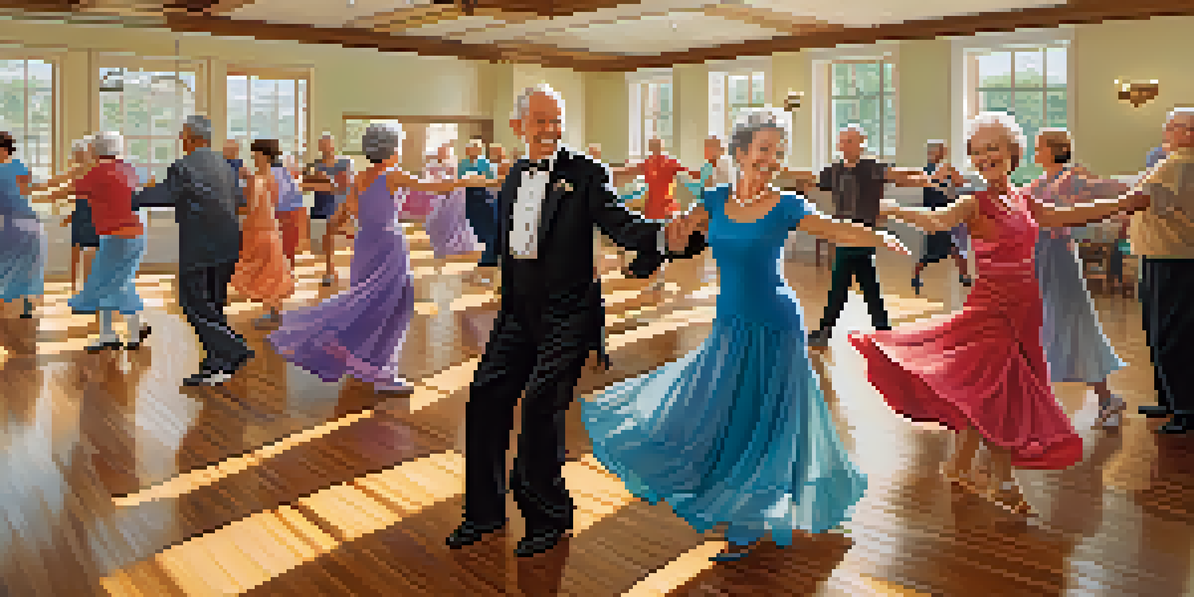 A diverse group of seniors enjoying a ballroom dance class in a bright and cheerful environment.