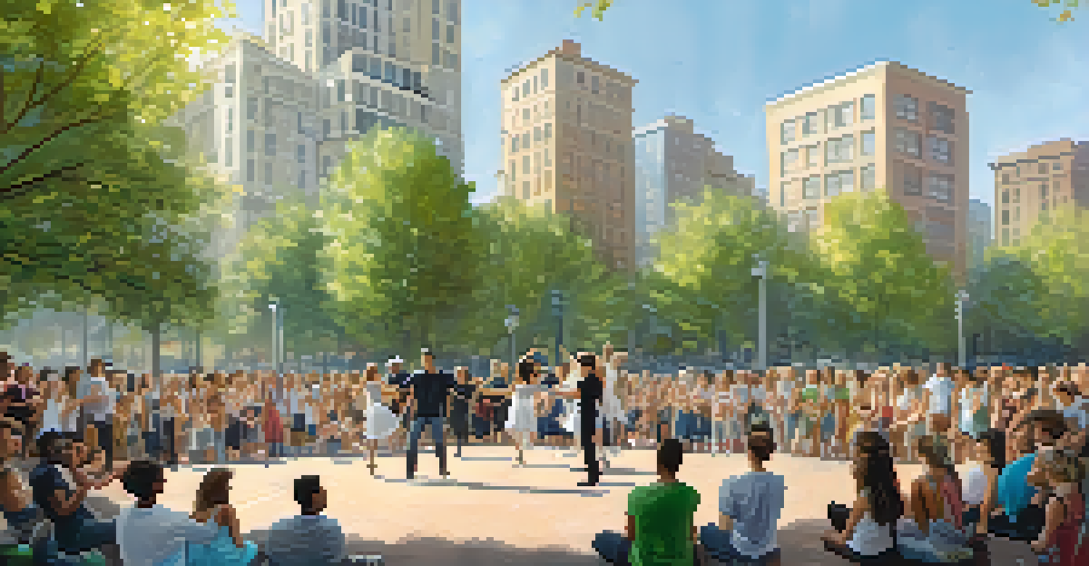 Dancers performing in a park, interacting with an audience while eco-friendly banners promote environmental awareness.