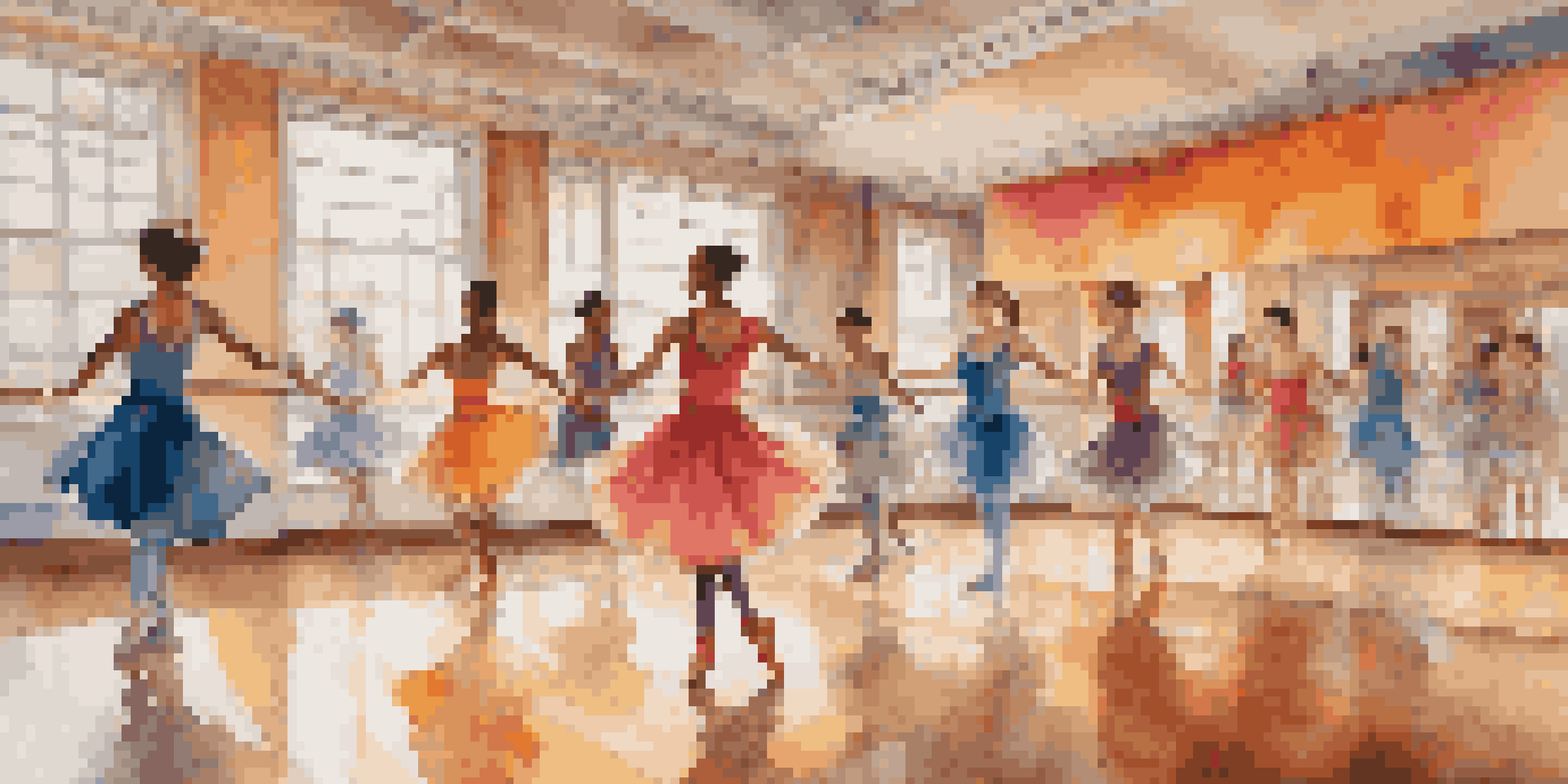 A dance studio with diverse dancers, including a transgender dancer in a flowing costume, captured mid-pose in a vibrant and warm environment.
