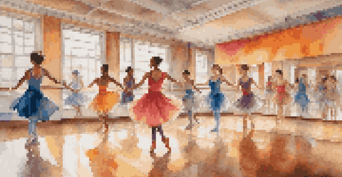 A dance studio with diverse dancers, including a transgender dancer in a flowing costume, captured mid-pose in a vibrant and warm environment.