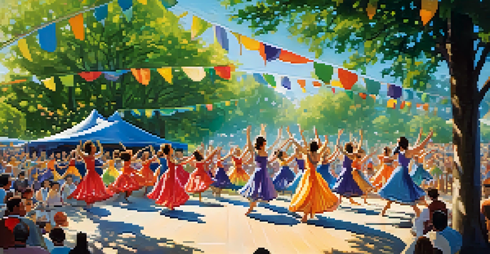 A lively outdoor dance festival in a park with diverse dancers performing and an enthusiastic audience watching.