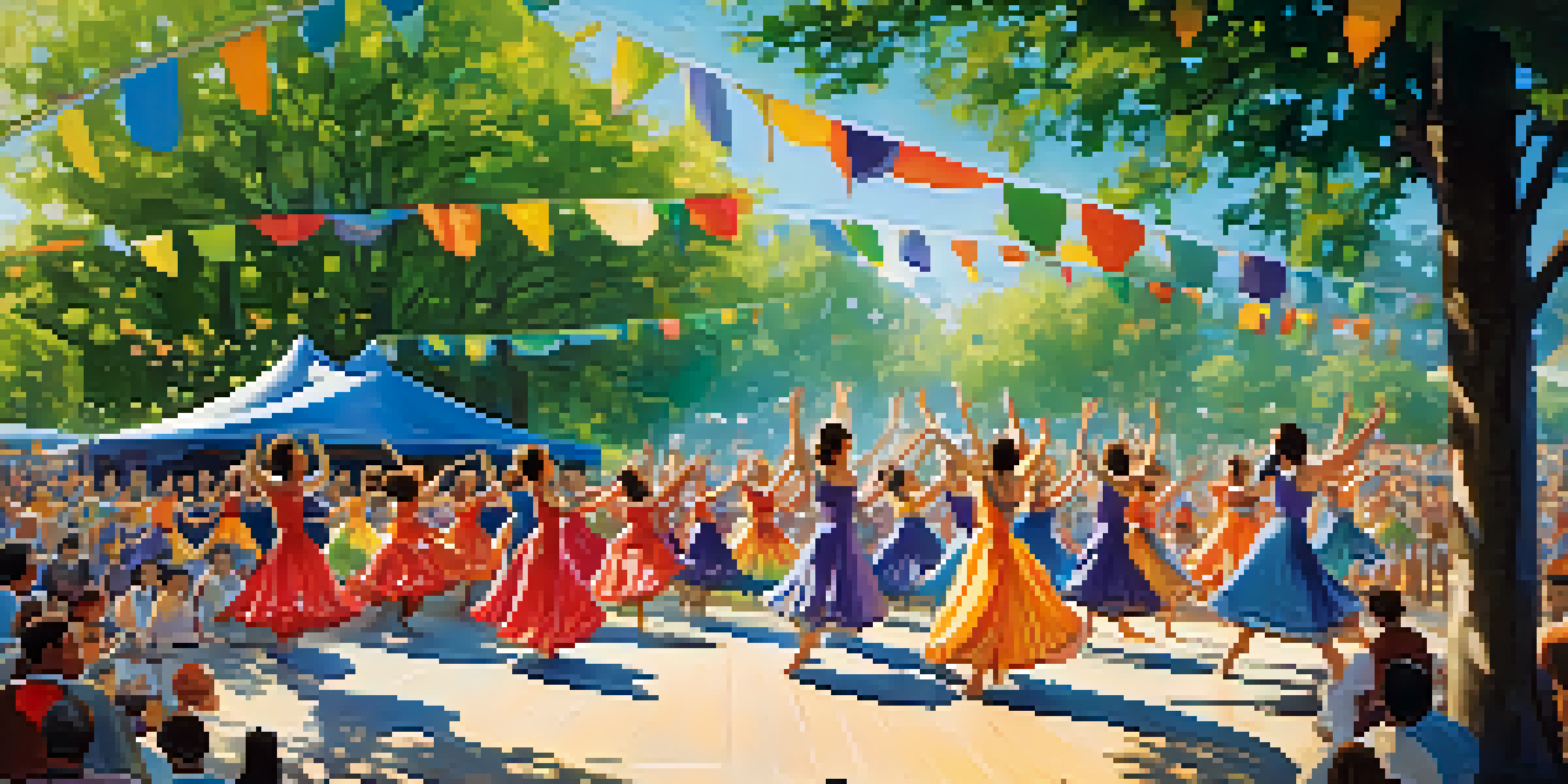 A lively outdoor dance festival in a park with diverse dancers performing and an enthusiastic audience watching.
