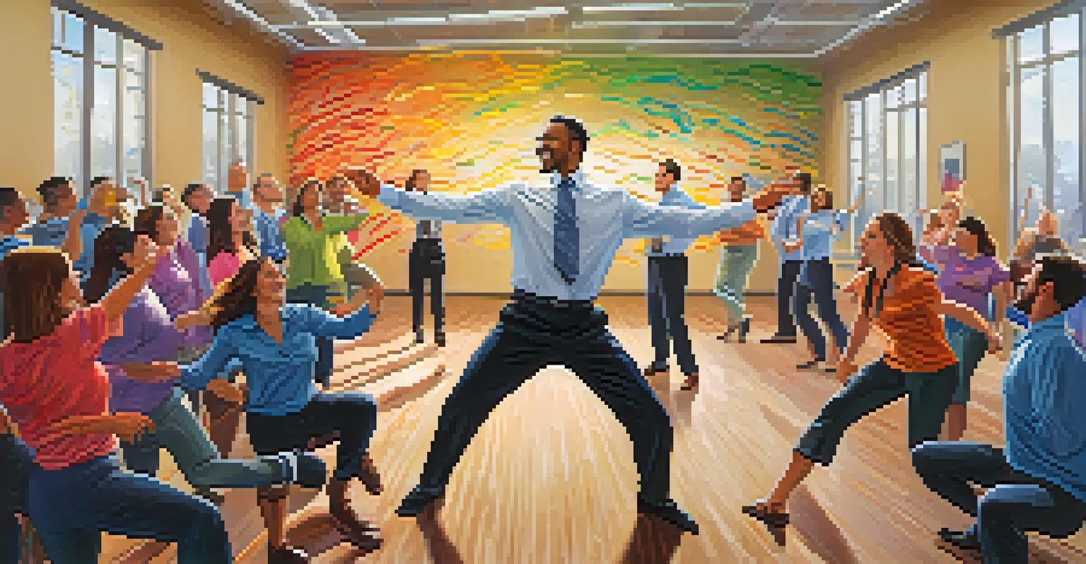 A leader demonstrating a dance move to a group of employees in a conference room set up for dancing.