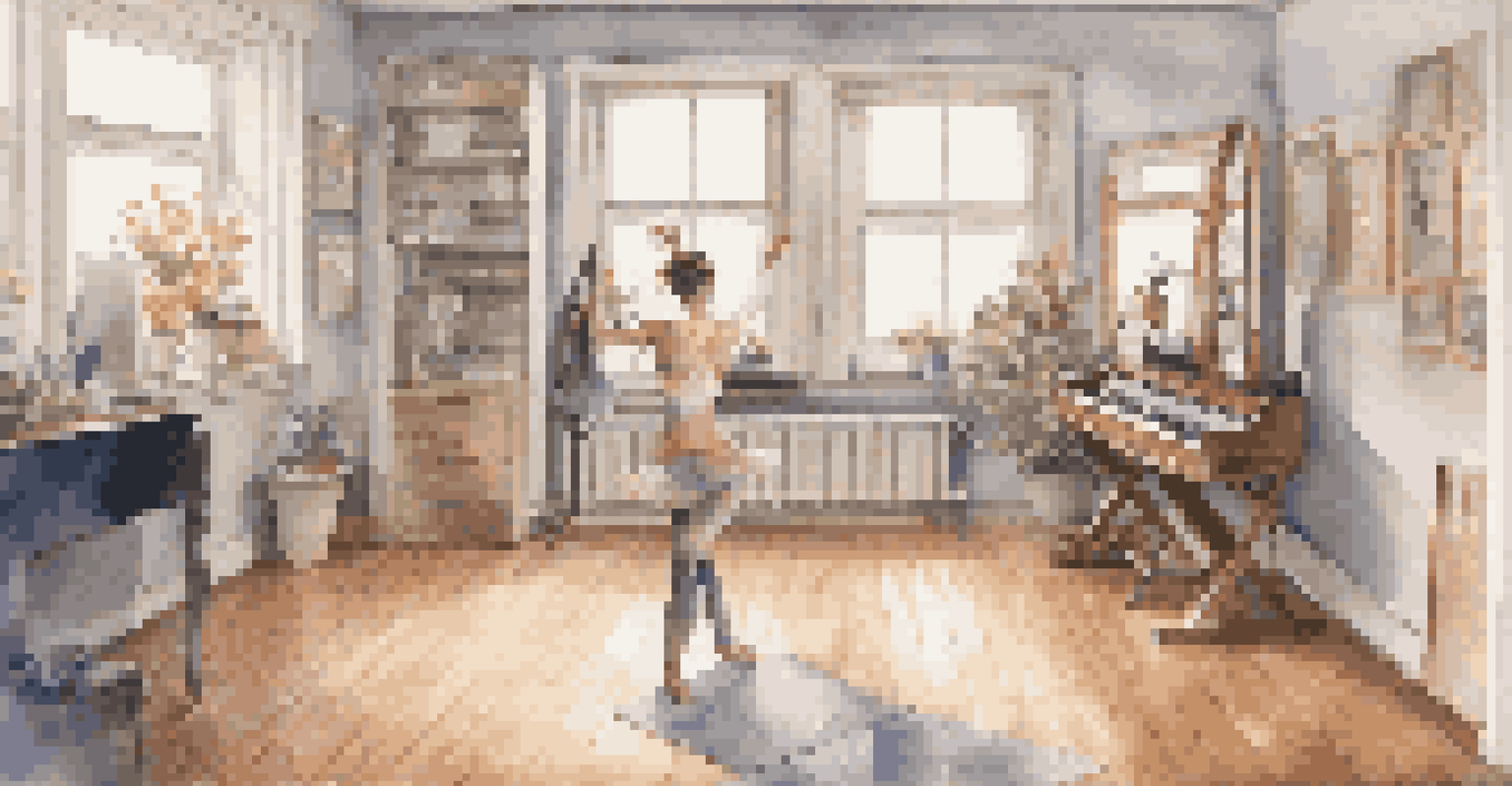 An aspiring dancer practicing in a cozy home studio with mirrors and natural light, focused on a YouTube tutorial.