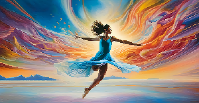 A dancer in mid-air in a colorful, surreal landscape with swirling clouds and light beams.