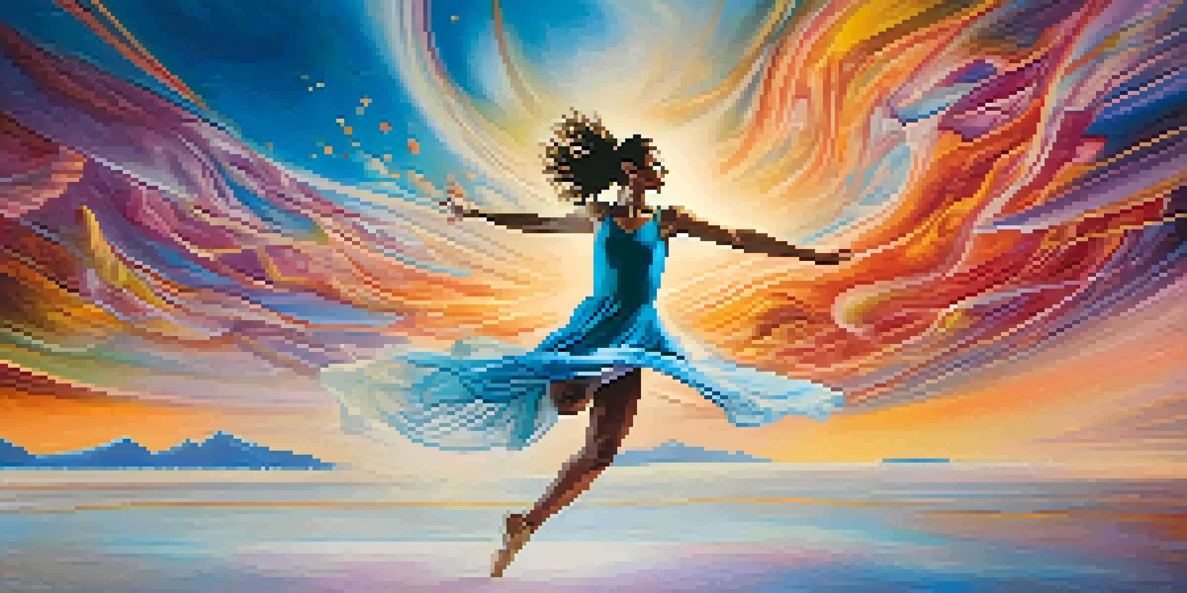 A dancer in mid-air in a colorful, surreal landscape with swirling clouds and light beams.
