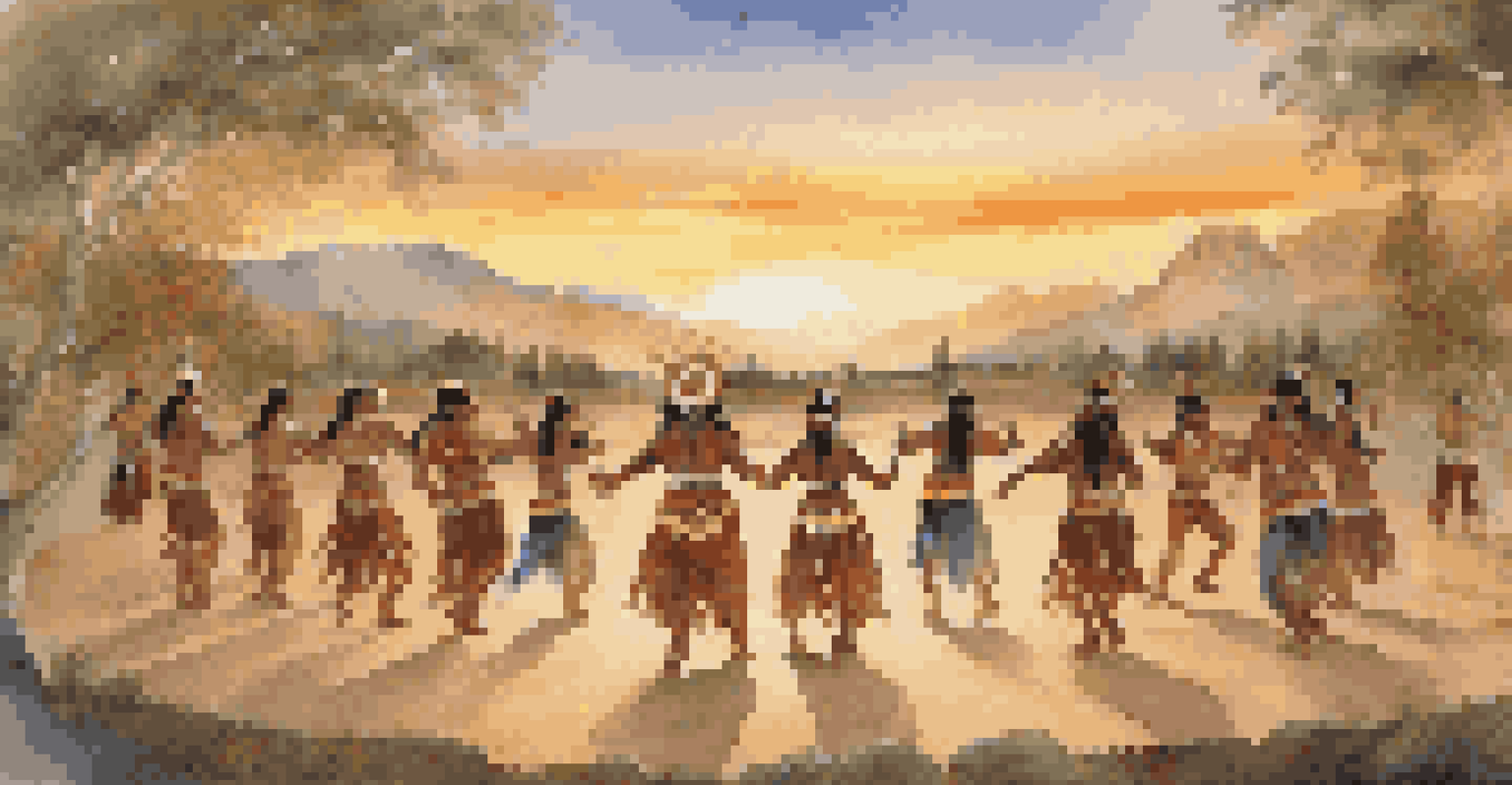 An Indigenous dance performance during a cultural ceremony, with dancers in traditional regalia set against a serene natural landscape at sunset.
