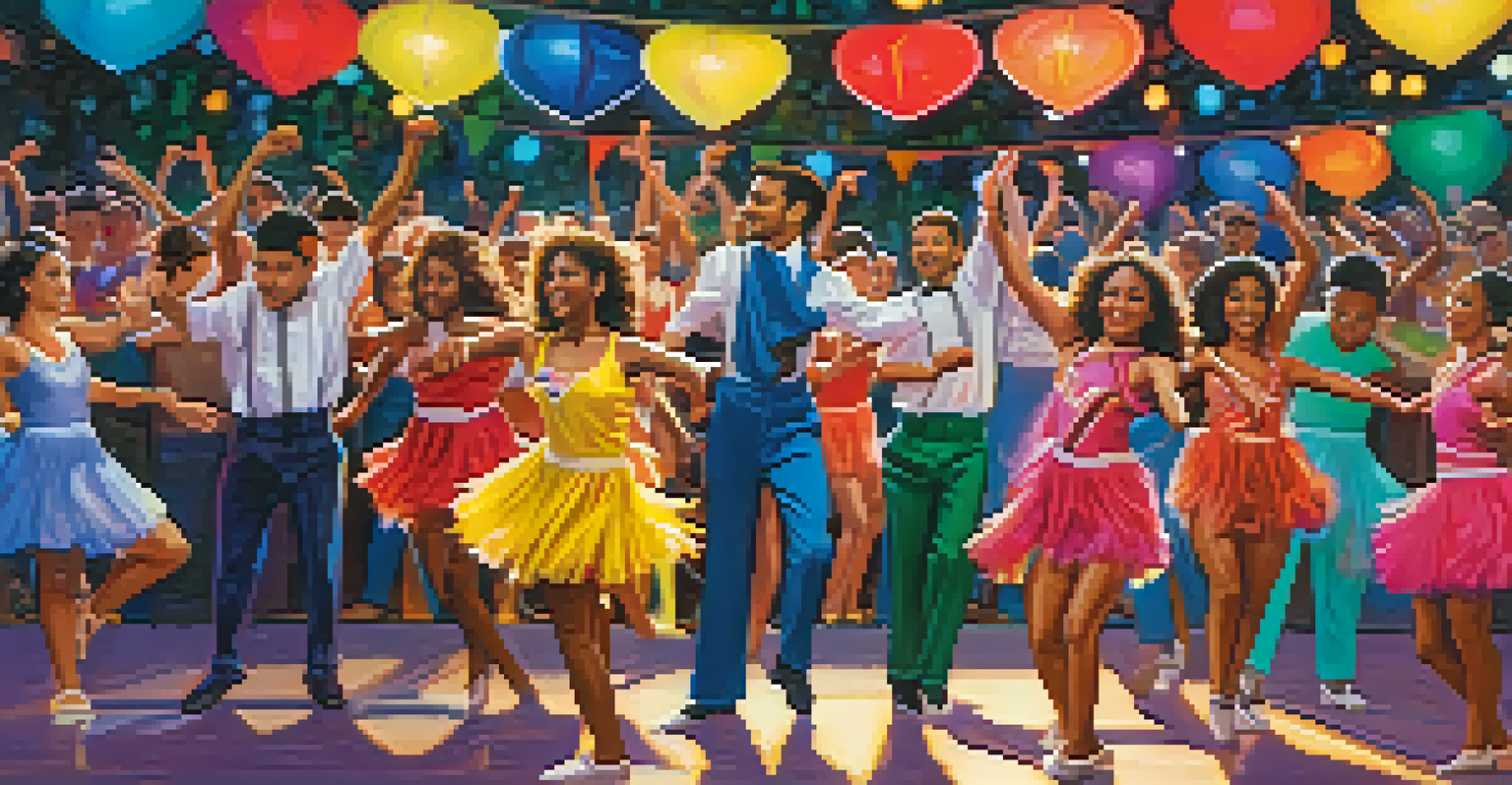 A group of diverse dancers performing on stage at an outdoor competition, with an enthusiastic audience and colorful decorations.