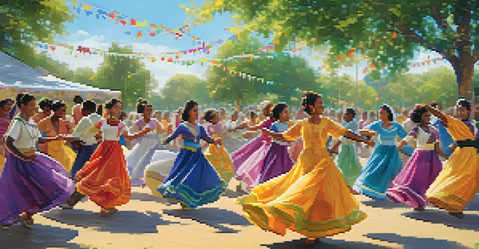 A diverse group of people participating in a joyful dance festival in a sunny park, showcasing traditional costumes and vibrant decorations.