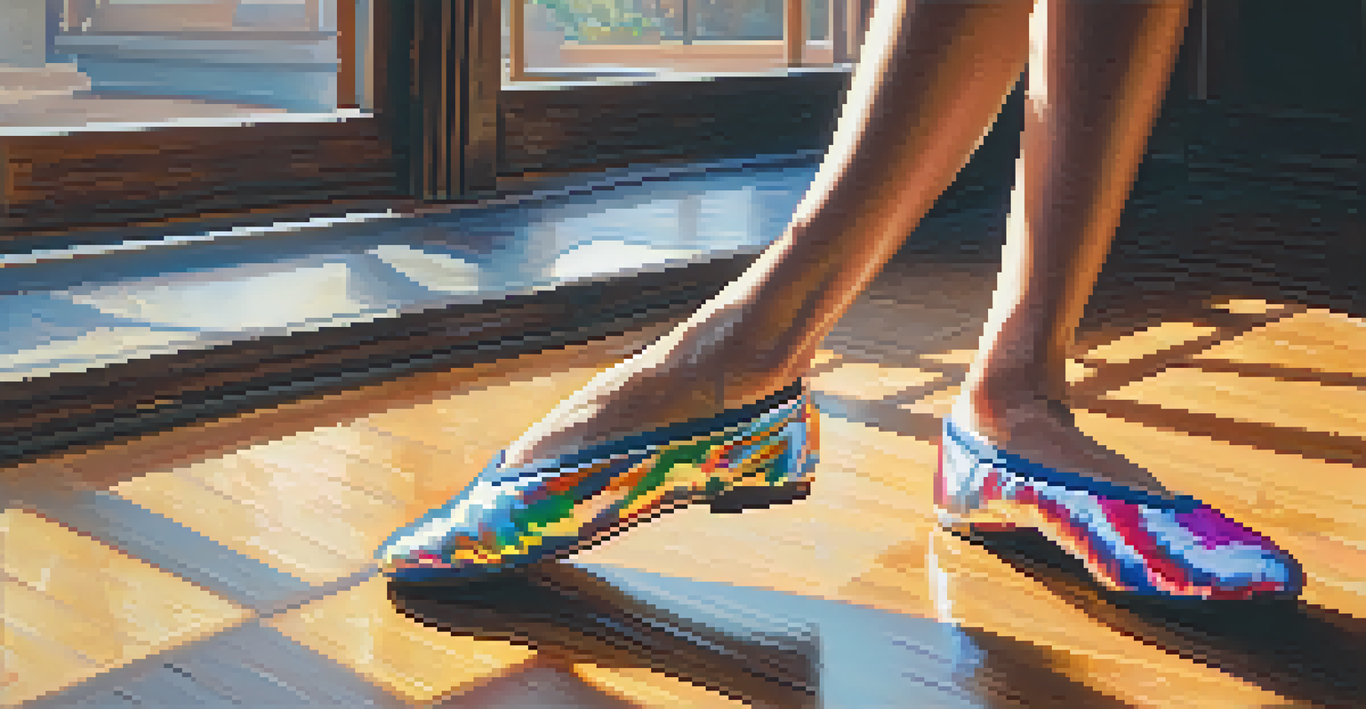 A close-up of a dancer's feet in colorful shoes on a wooden floor during an online dance session, with a laptop in the background.