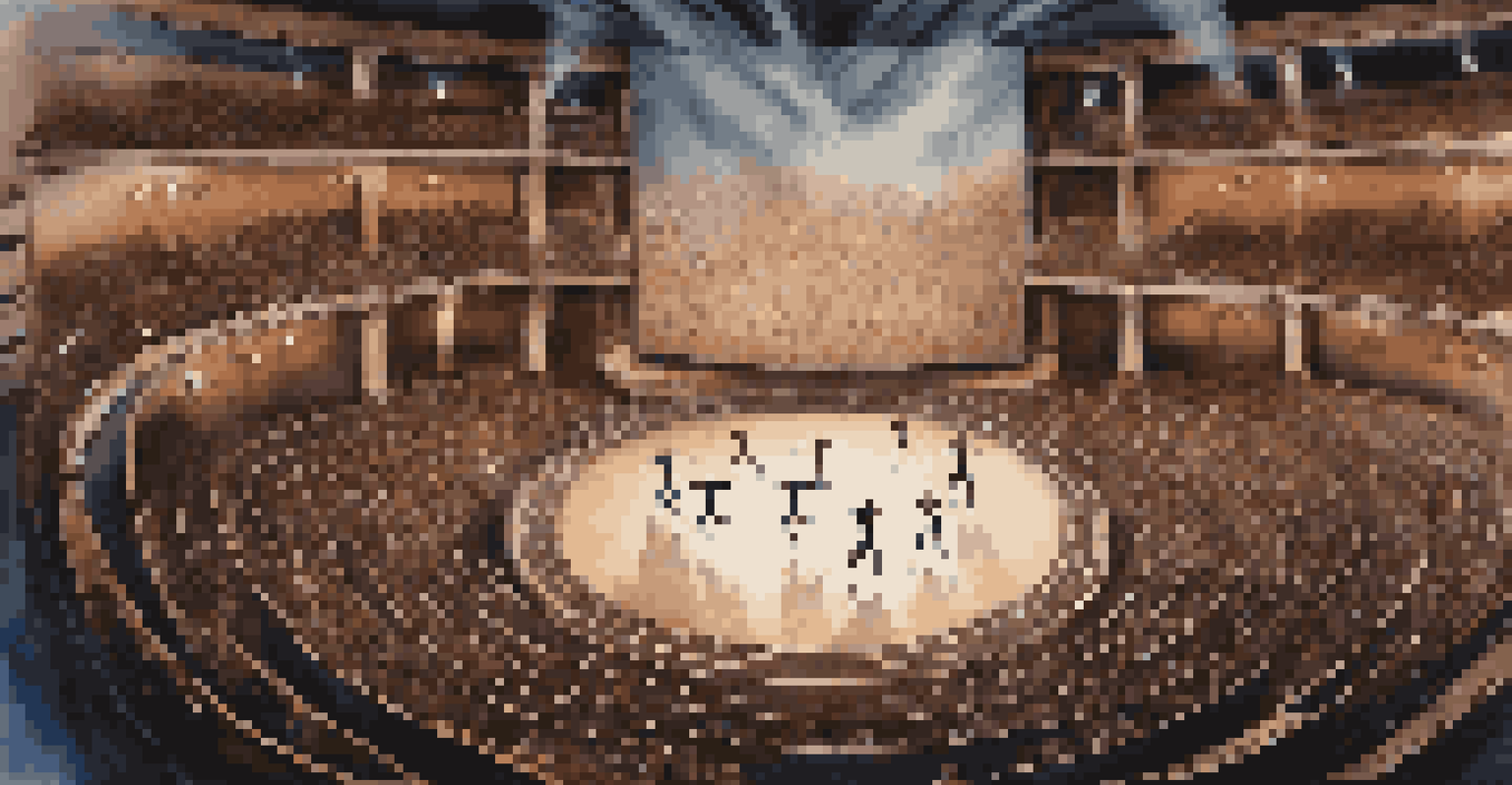 An aerial view of dancers creating intricate patterns on stage with drones capturing the performance from above, illuminated by dramatic lighting.