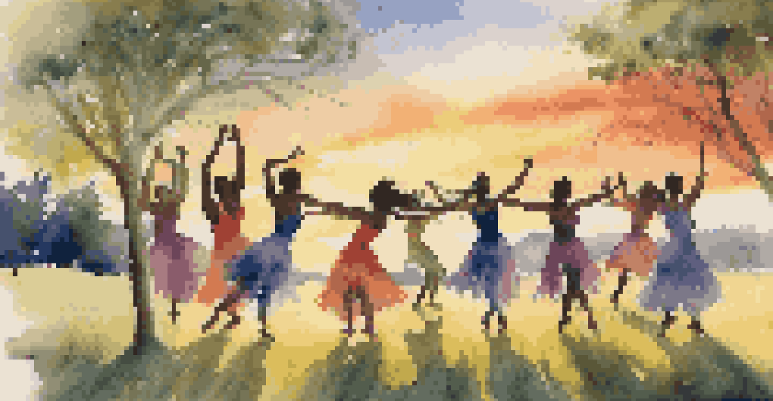Dancers improvising outdoors in nature, surrounded by trees and a colorful sunset.