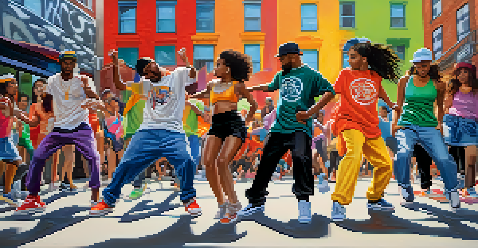 A group of diverse dancers performing hip-hop moves on a city sidewalk, with colorful graffiti in the background and spectators watching.