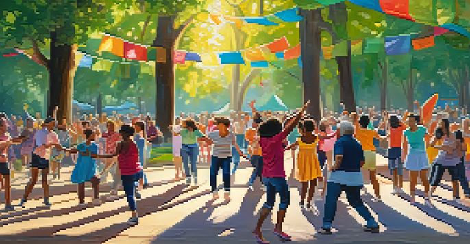 A lively outdoor dance event in a park, featuring people of various ages dancing together, with colorful health awareness banners and sunlight filtering through the trees.