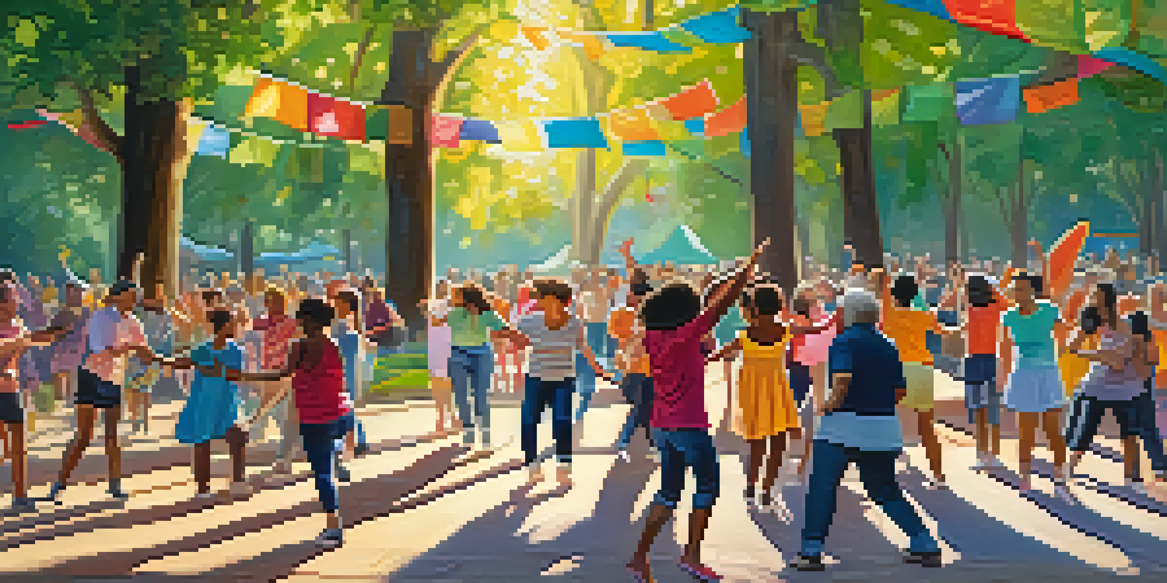 A lively outdoor dance event in a park, featuring people of various ages dancing together, with colorful health awareness banners and sunlight filtering through the trees.