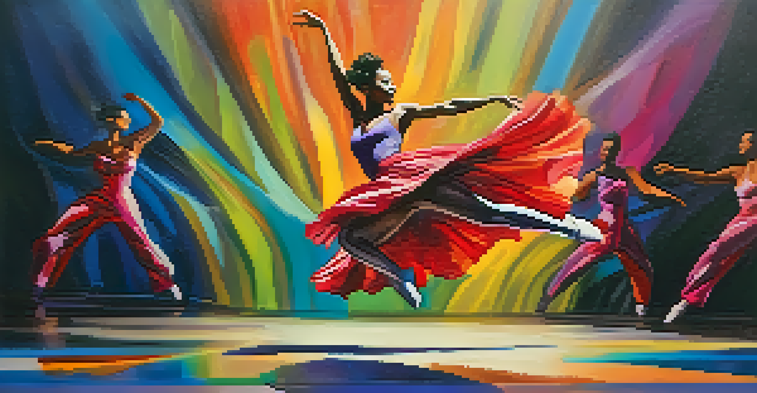 A jazz dancer performing energetic jumps in a colorful mid-weight fabric costume on stage.