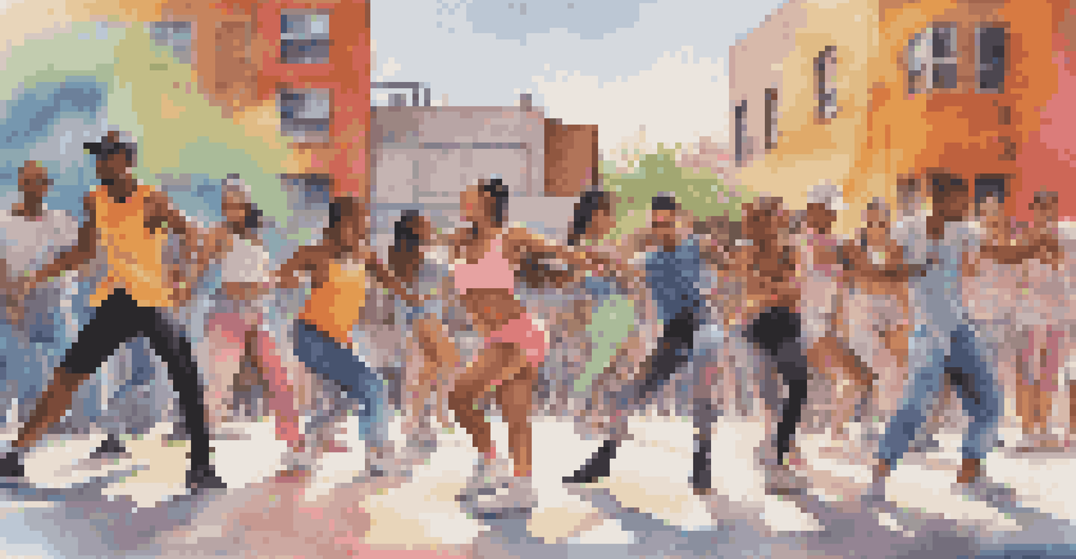 Dancers in gender-neutral streetwear performing outdoors with graffiti art in the background.