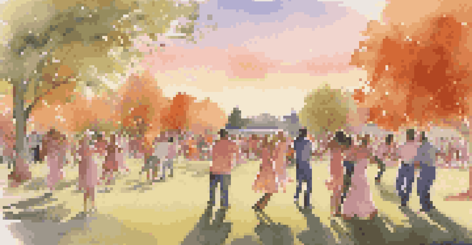 People dancing joyfully in a park at sunset, surrounded by nature with a warm sky and acoustic music in the background.