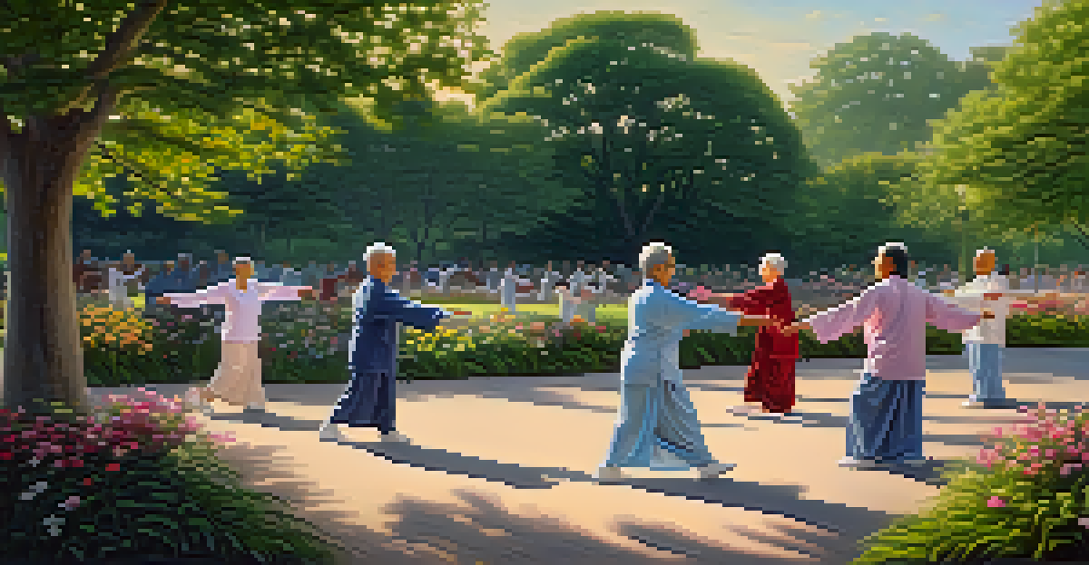 Seniors practicing tai chi in a peaceful park at sunrise, surrounded by greenery and flowers, conveying tranquility.