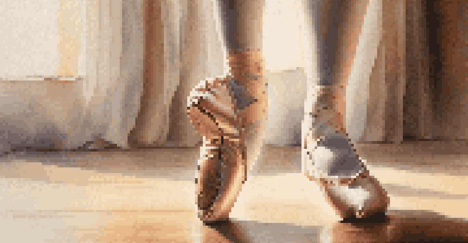 A close-up of a dancer's feet in ballet shoes on a polished wooden floor, with soft lighting highlighting the details.
