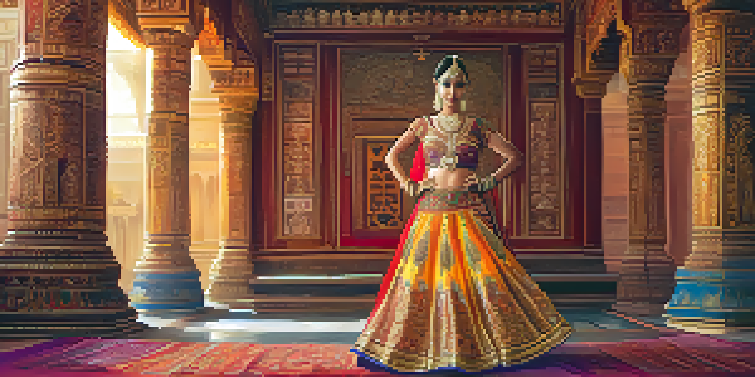 An Indian classical dance costume with traditional jewelry, displayed against an ornate temple backdrop.