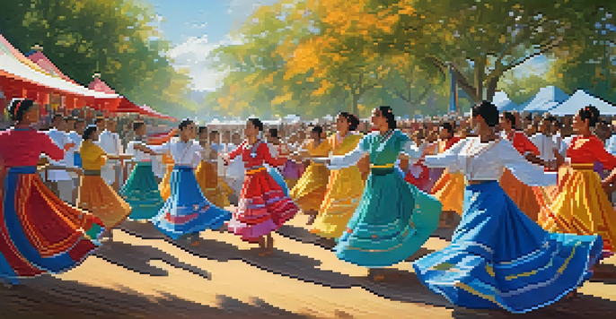 A lively traditional dance festival with dancers in colorful costumes and a joyful crowd enjoying the event under a sunny sky.