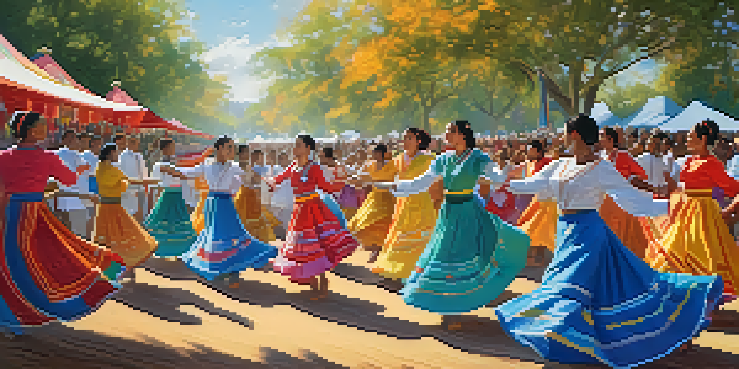 A lively traditional dance festival with dancers in colorful costumes and a joyful crowd enjoying the event under a sunny sky.