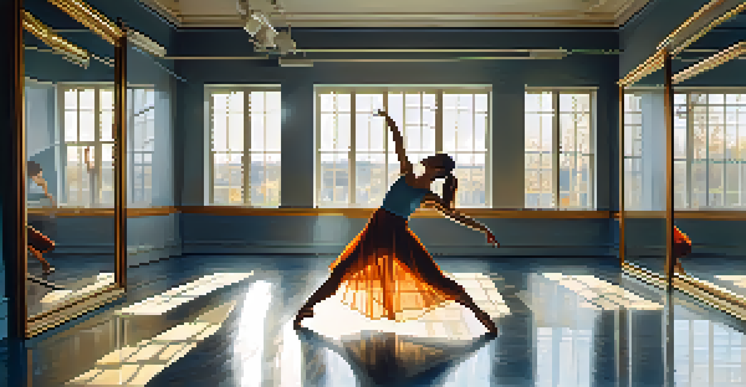 A dancer practicing in a studio filled with mirrors, focusing on their movements as sunlight streams through the windows.