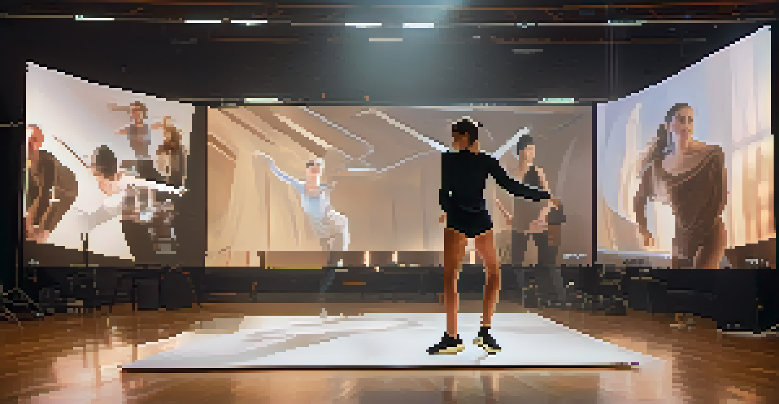 A choreographer in a studio filled with motion capture equipment, surrounded by digital screens displaying dance movements.