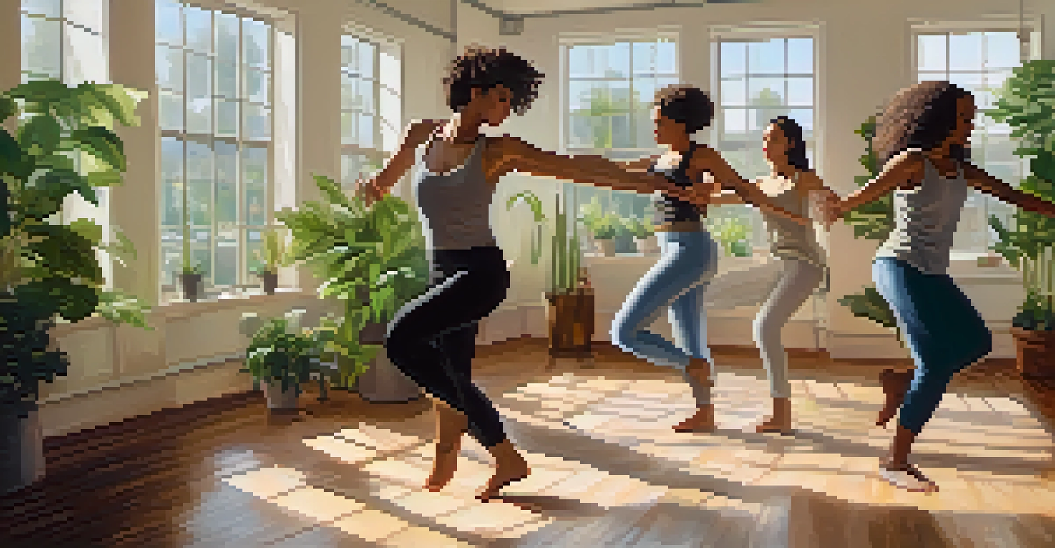 A serene dance therapy session with individuals moving freely in a calming indoor space filled with natural light and plants.