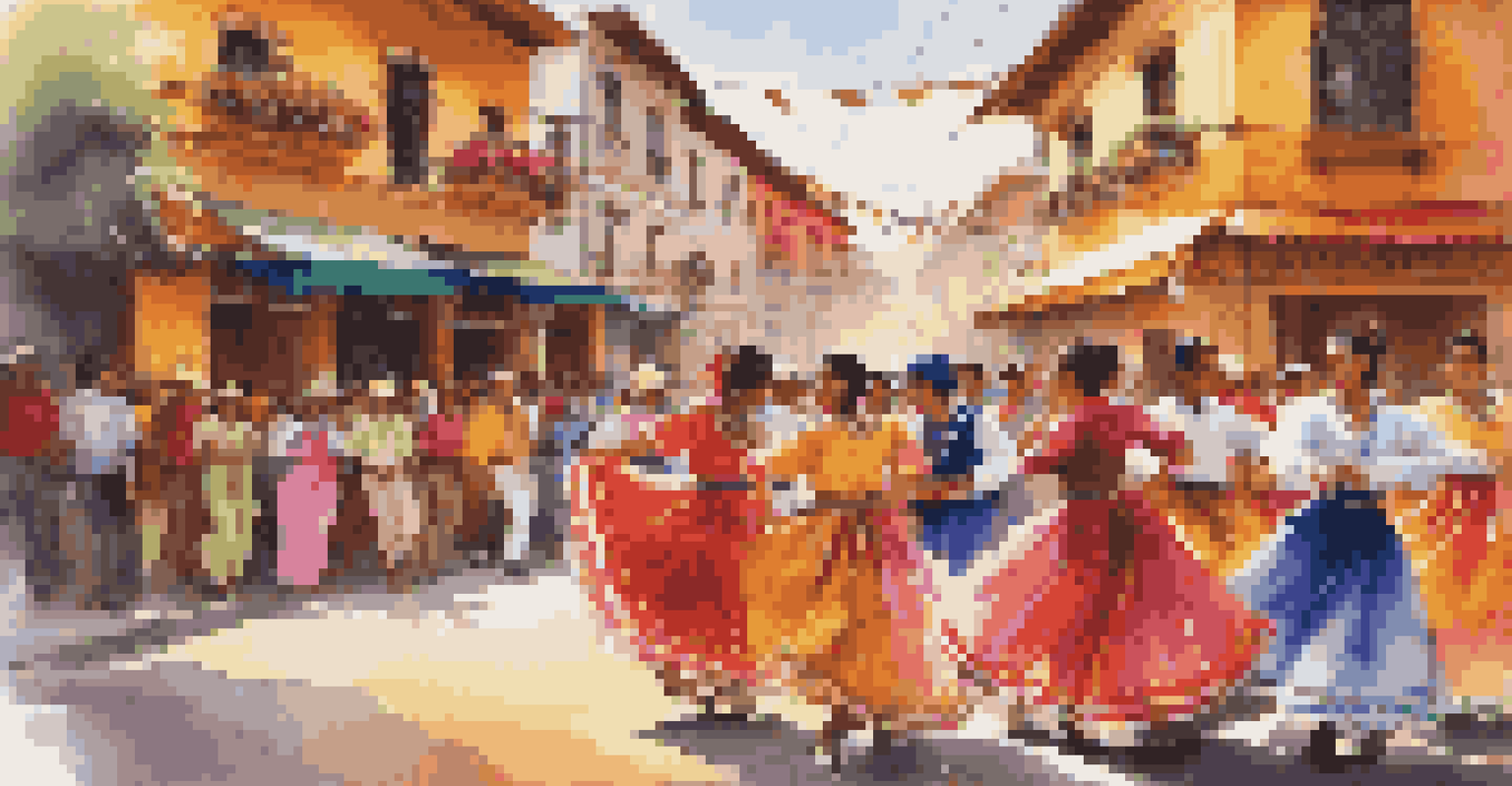 A lively street scene with dancers in colorful costumes performing in a marketplace under warm sunlight.