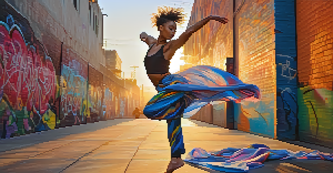 A dancer performing in an urban environment with vibrant graffiti and warm sunlight illuminating their movement.