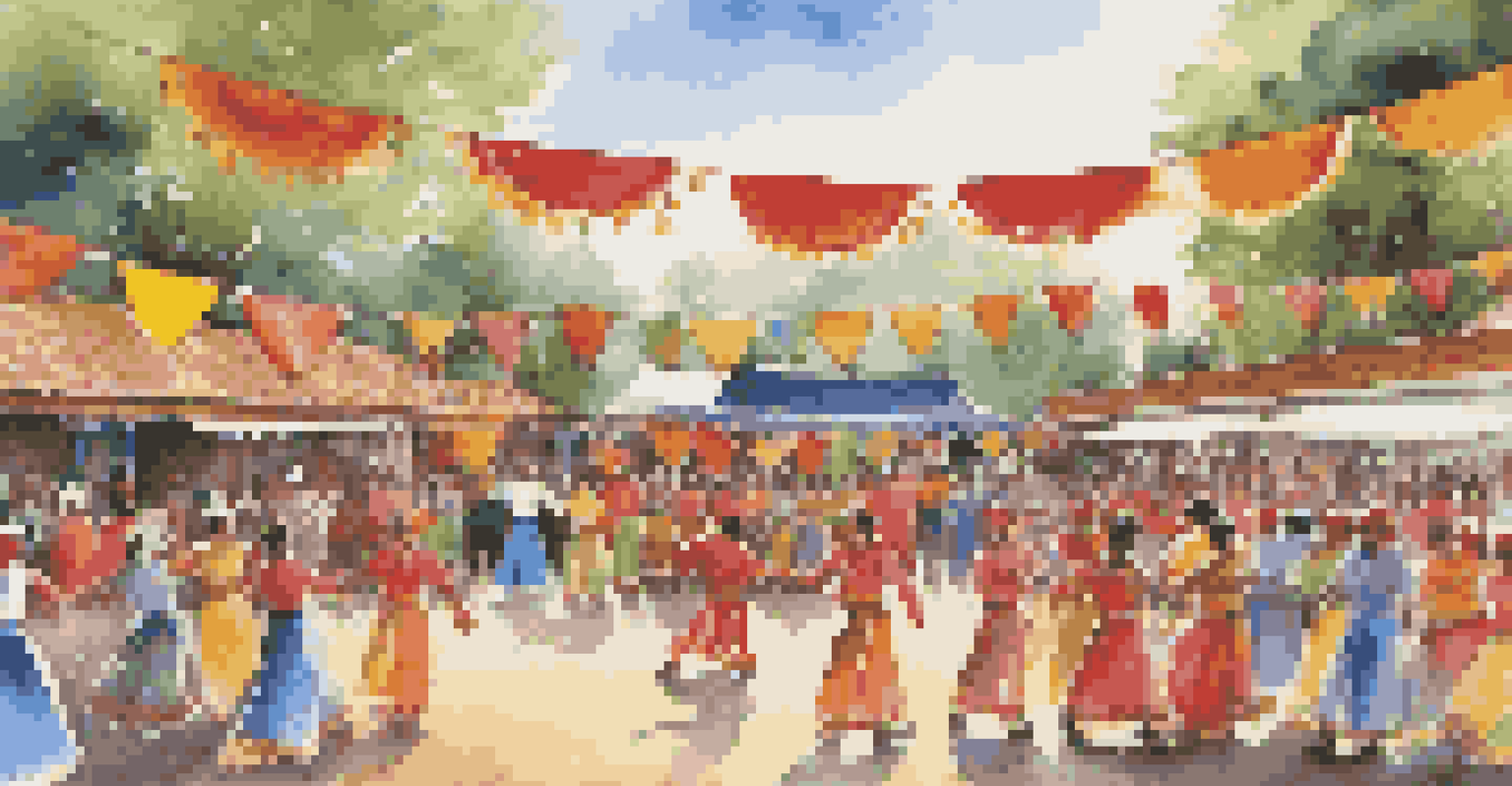 Performers in traditional attire showcasing a lively folk dance at a vibrant outdoor cultural festival.