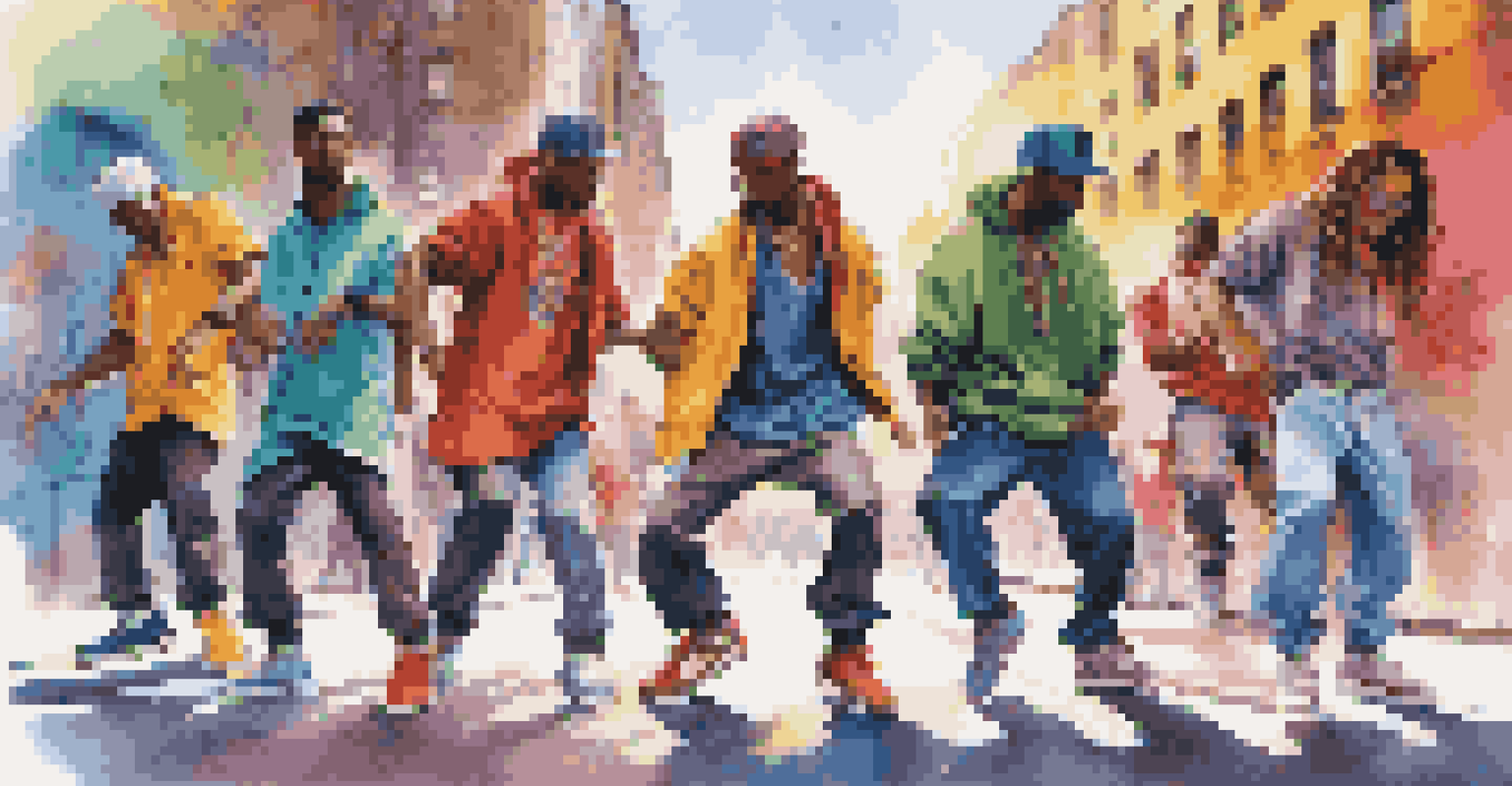 A group of hip-hop dancers striking dynamic poses on an urban sidewalk with graffiti art.