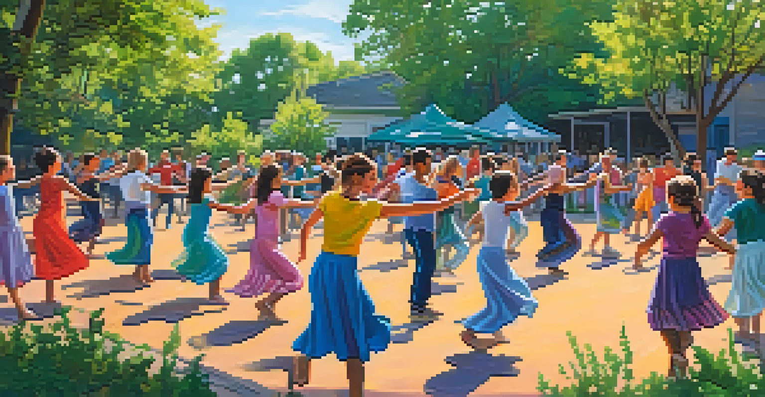 A diverse group of people participating in a community dance workshop focused on environmental themes.