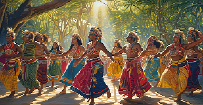 Indigenous Australian dancers in traditional attire performing a ceremonial dance in a lush, green setting with warm sunlight filtering through the leaves.