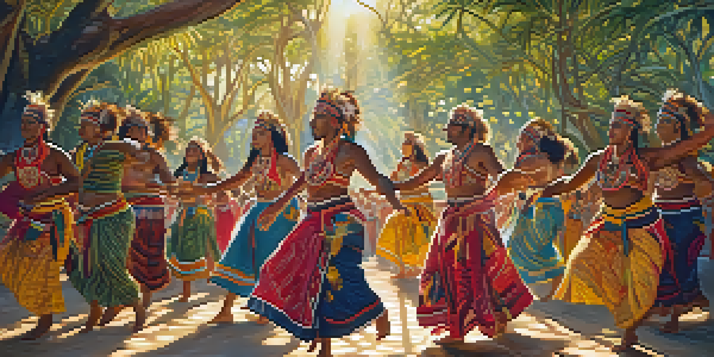 Indigenous Australian dancers in traditional attire performing a ceremonial dance in a lush, green setting with warm sunlight filtering through the leaves.