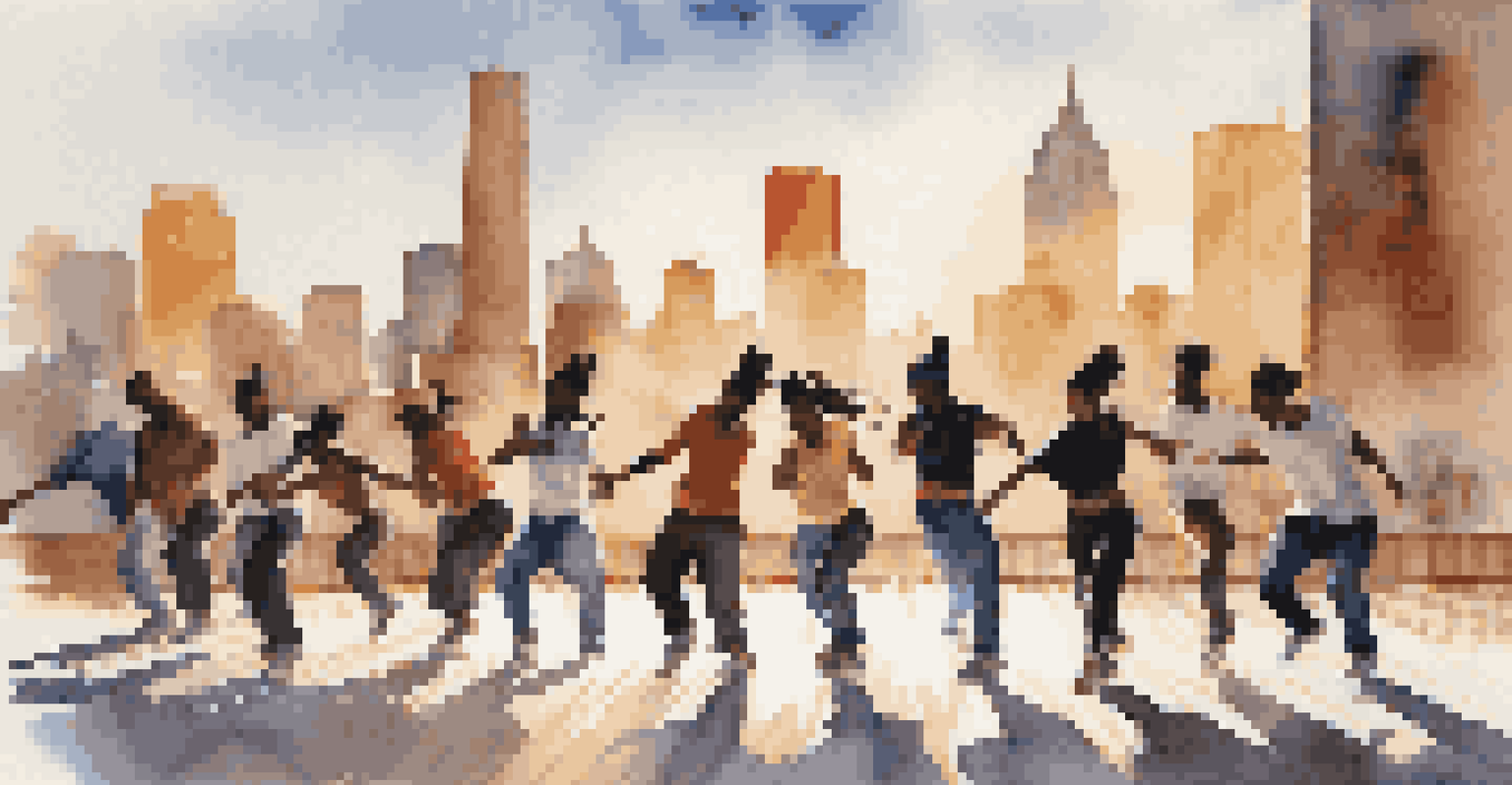Dancers performing a mix of hip-hop and traditional movements outdoors, with an urban skyline in the background.