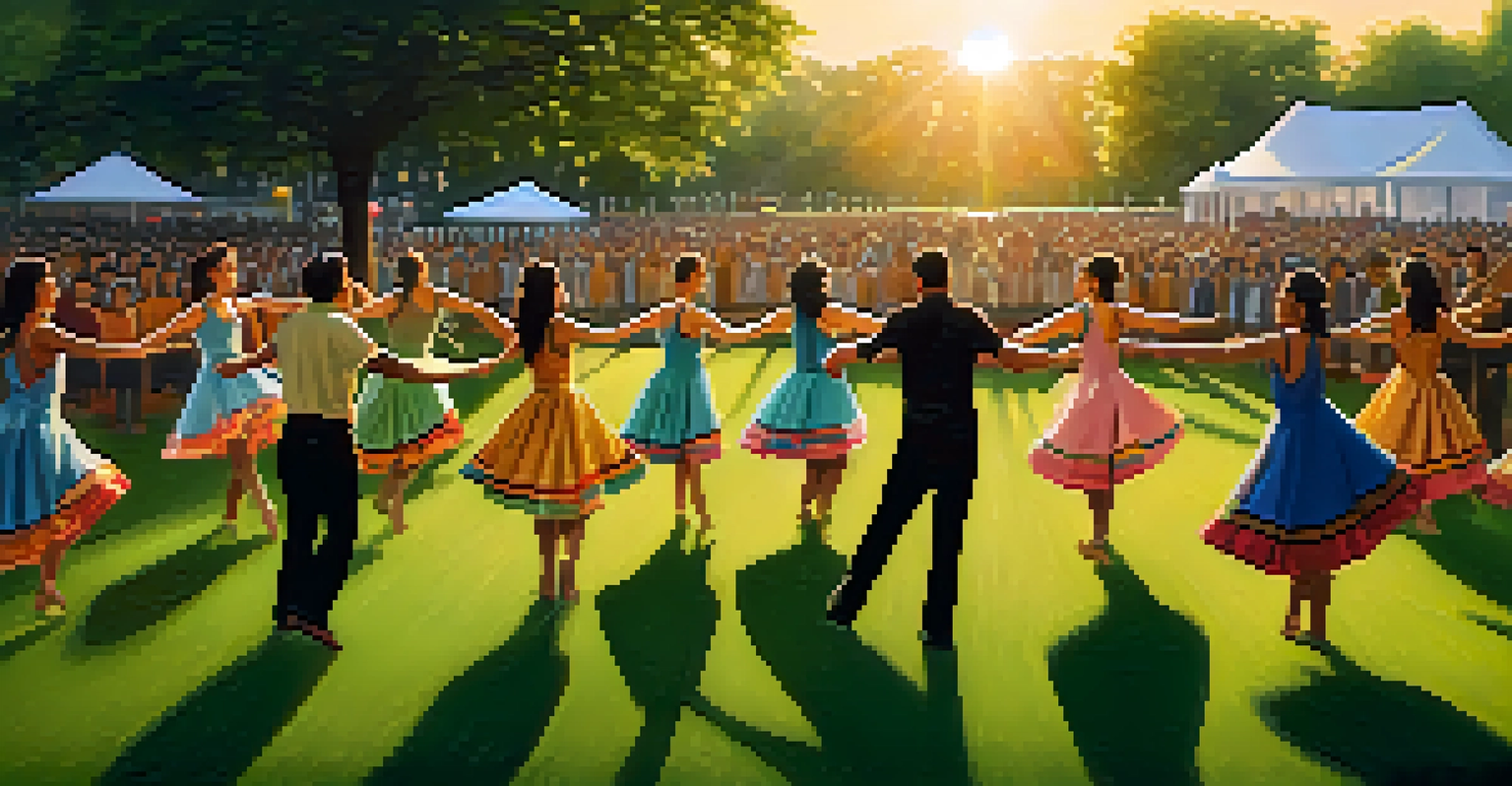 A mixed group of dancers performing a fusion of traditional and modern dance in a park during sunset, surrounded by an audience.
