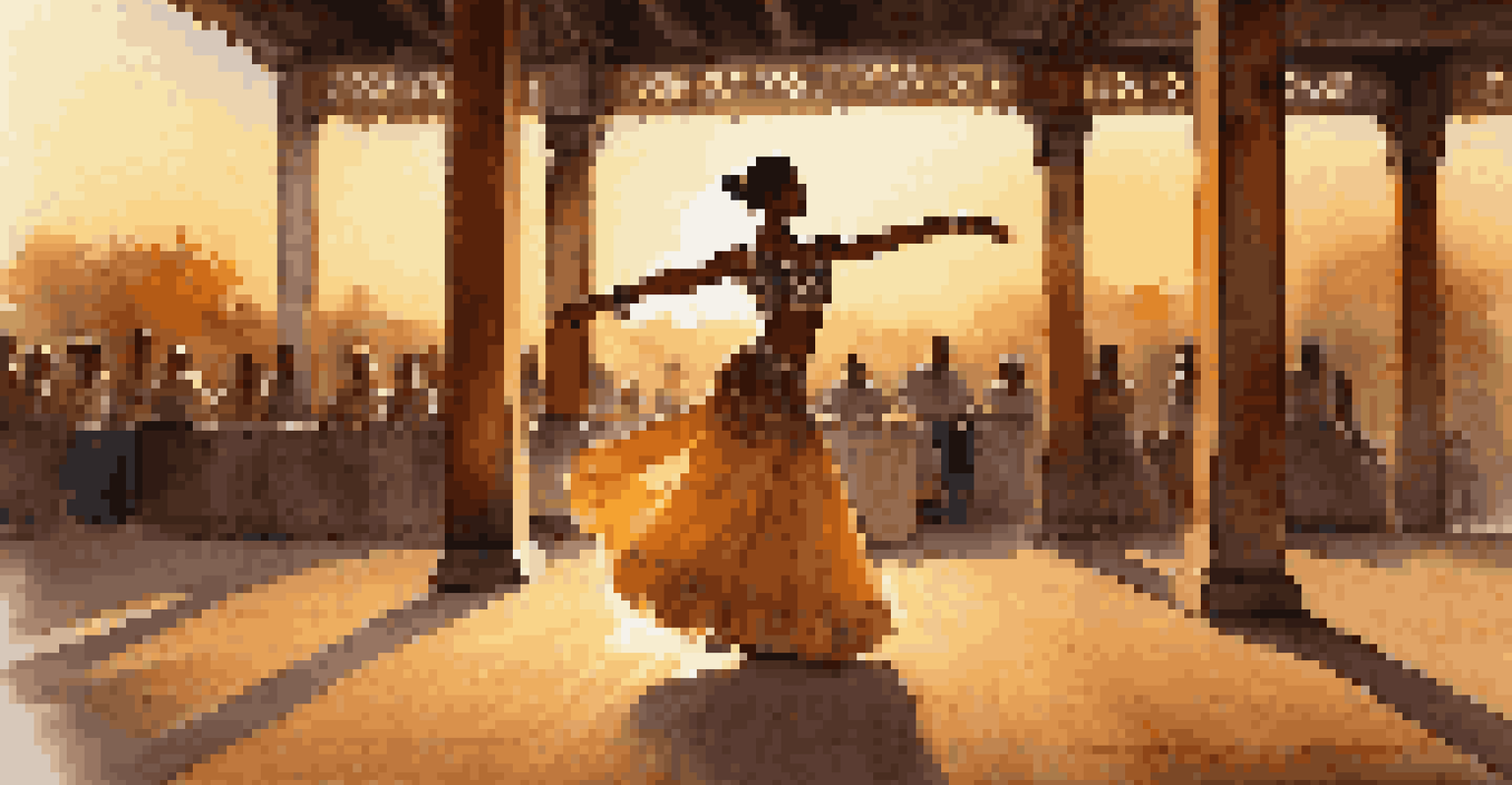 A solo dancer performing on a wooden stage at sunset, with warm light highlighting their graceful movements and intricate costume.