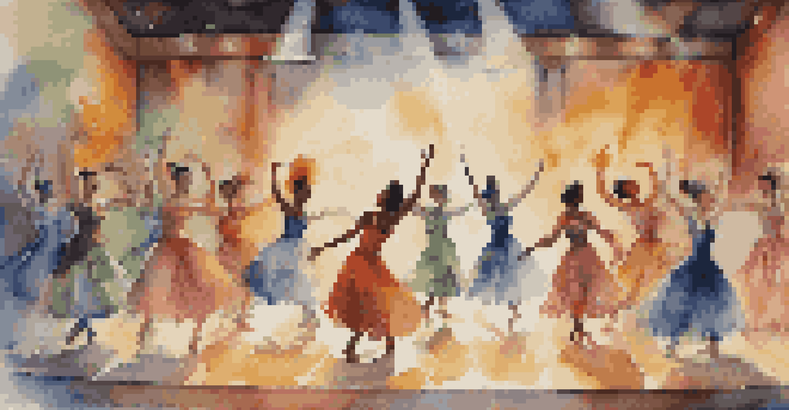 A group of dancers on stage, each in colorful costumes representing different characters, with symbolic props and vibrant lighting.