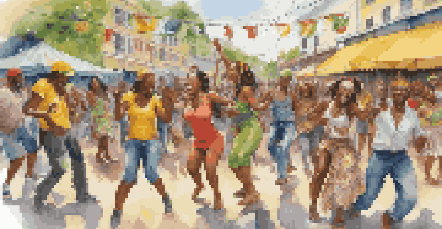 Dancers performing lively dancehall movements at a Jamaican street festival surrounded by colorful decorations.